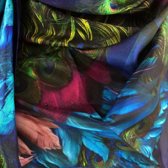 Peacock Feathers, Pink Rose & Wings Long Pure Silk Scarf - Picture 15 of 17